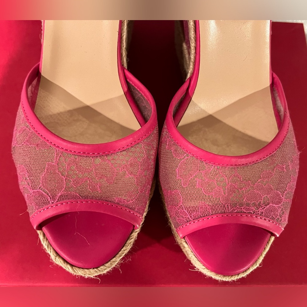 Valentino Hot Pink Lace And Mesh Espadrille Platform Wedge Sandals Size 37.5 - Picture 4 of 7
